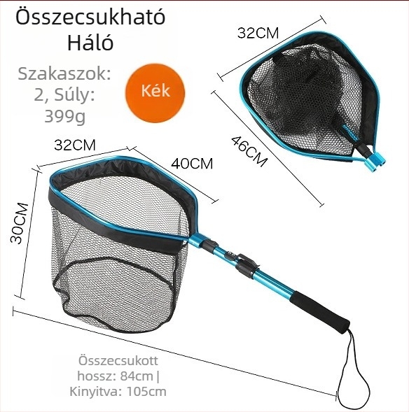 Összecsukható négyszögletes fejű horgász háló, keret alumíniumötvözetből és szilikon hálóval, 5 kg teherbírás