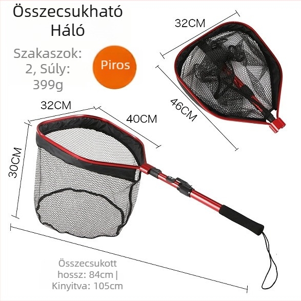 Összecsukható négyszögletes fejű horgász háló, keret alumíniumötvözetből és szilikon hálóval, 5 kg teherbírás