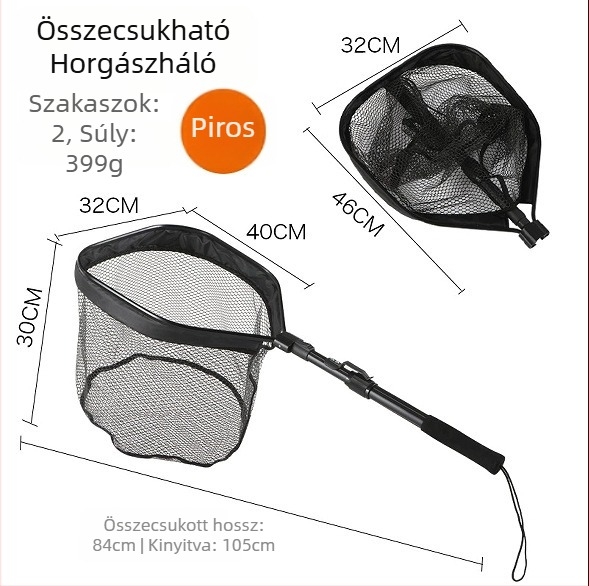 Összecsukható négyszögletes fejű horgász háló, keret alumíniumötvözetből és szilikon hálóval, 5 kg teherbírás
