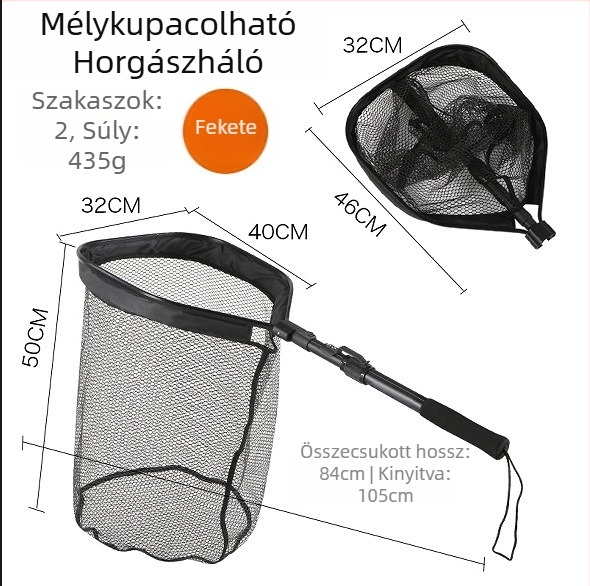 Összecsukható négyszögletes fejű horgász háló, keret alumíniumötvözetből és szilikon hálóval, 5 kg teherbírás