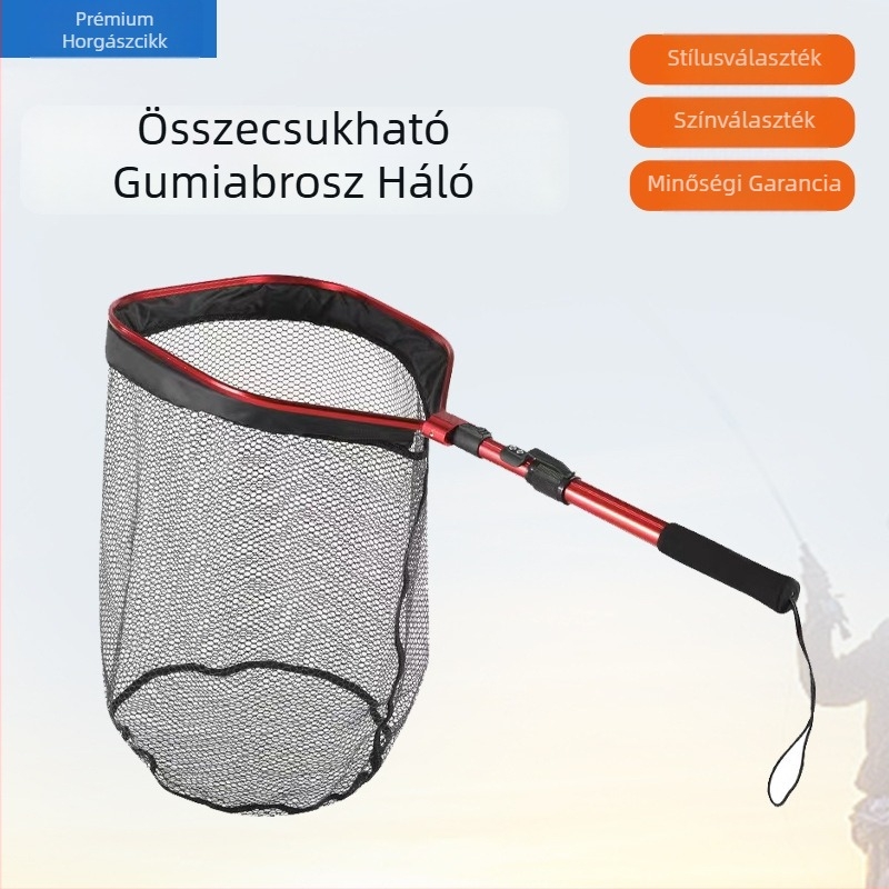 Összecsukható négyszögletes fejű horgász háló, keret alumíniumötvözetből és szilikon hálóval, 5 kg teherbírás