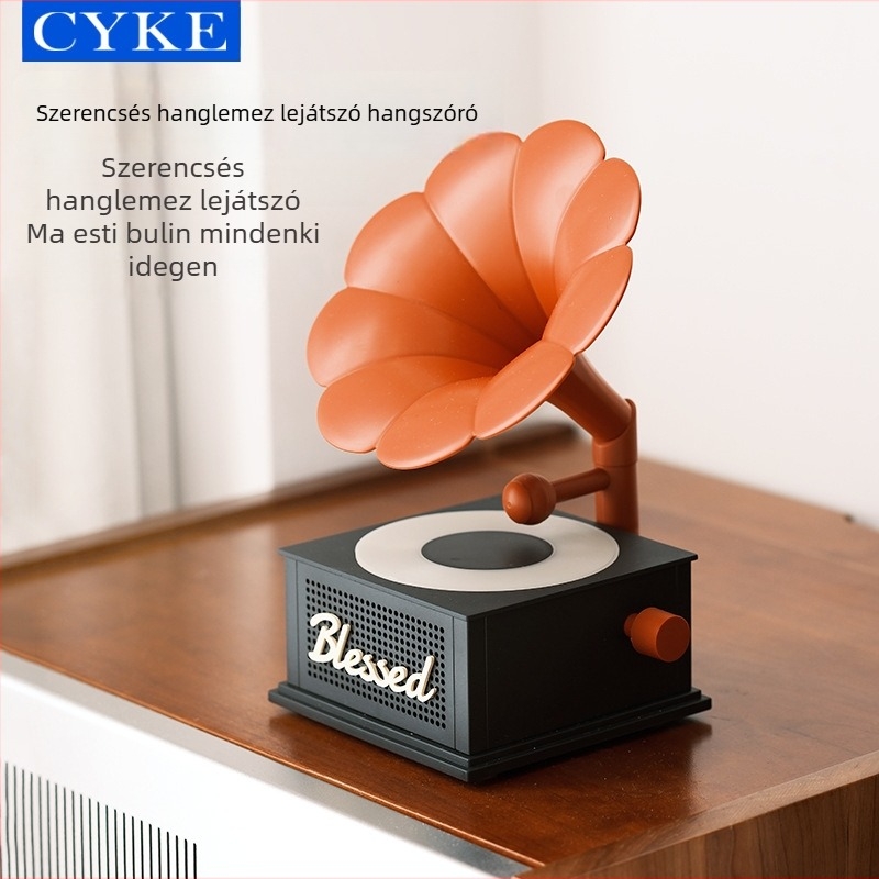CYKE kreatív Bluetooth-hangszóró retro gramofon dizájnnal, dekoratív díszfigura hangulatfénnyel