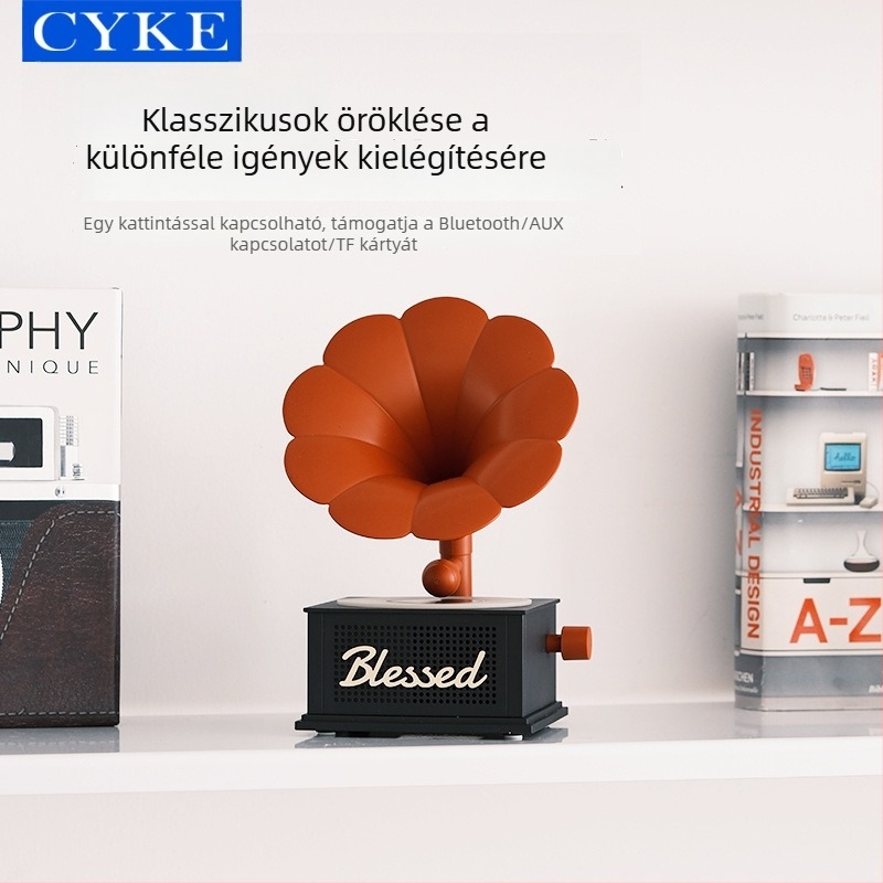 CYKE kreatív Bluetooth-hangszóró retro gramofon dizájnnal, dekoratív díszfigura hangulatfénnyel