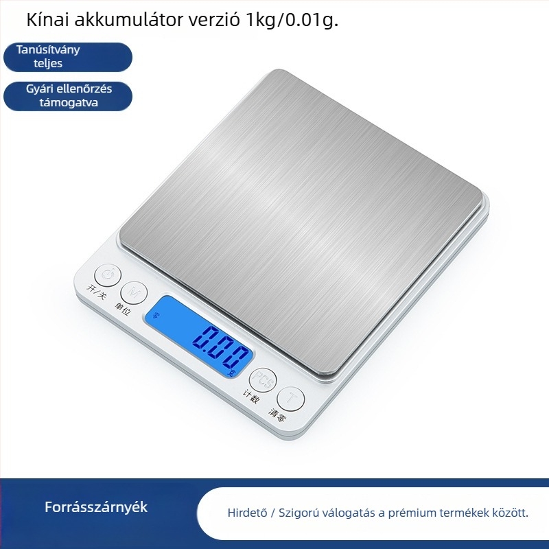 Elektronikus mérleg 0,01 g pontossággal, kettős használat: konyha és ékszer, mini, DH-I200, mérési tartomány 3 kg/0,1 g és 500 g/0,01 g, működéshez 2×AAA