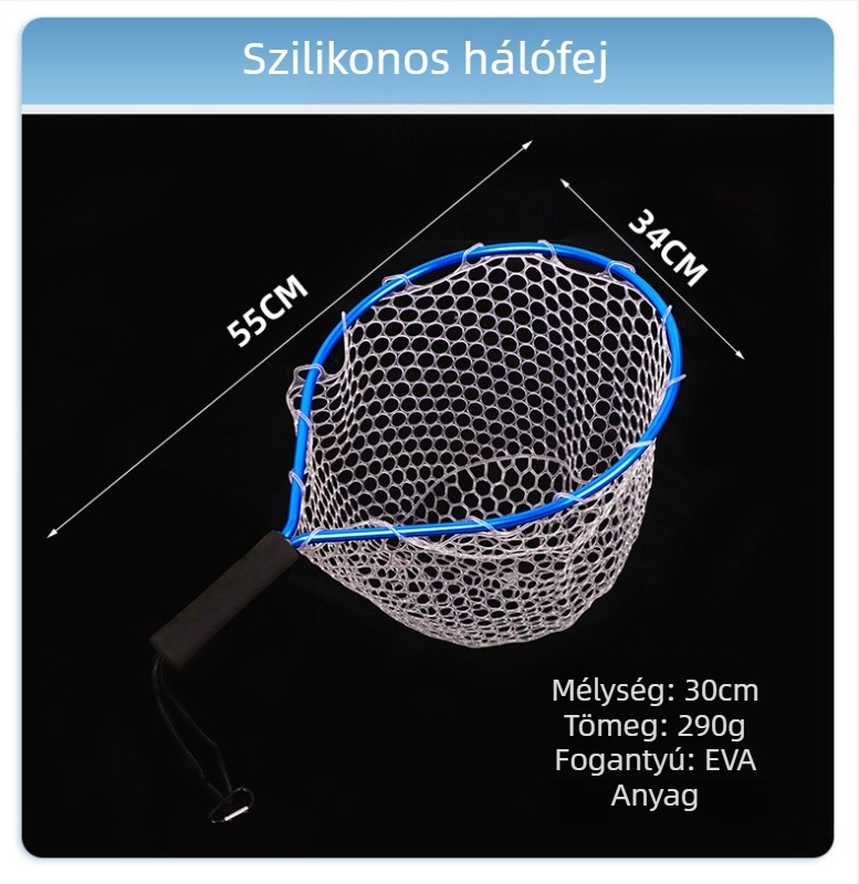 Hordozható szilikon halászháló rövid fogóval patakhoz; mini kézi háló alumíniumötvözet kerettel; háló nyílás átmérője 55 mm; vastag szemek; nem összecsukható.