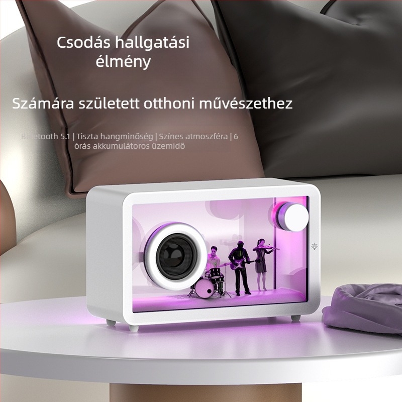 Áttetsző Bluetooth hangsugárzó RGB hangulatvilággal – Bluetooth 5.1, 8W, beépített 1200–2000 mAh akkumulátor, 10 m hatótáv, frekvencia-áram 100 Hz–20 kHz