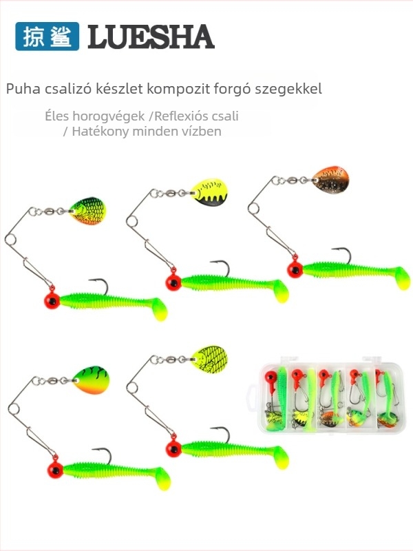 Öt darabos puha csalival készlet, forgó csillogó elemek, ólomos fejű T-farok jig, fémből készült