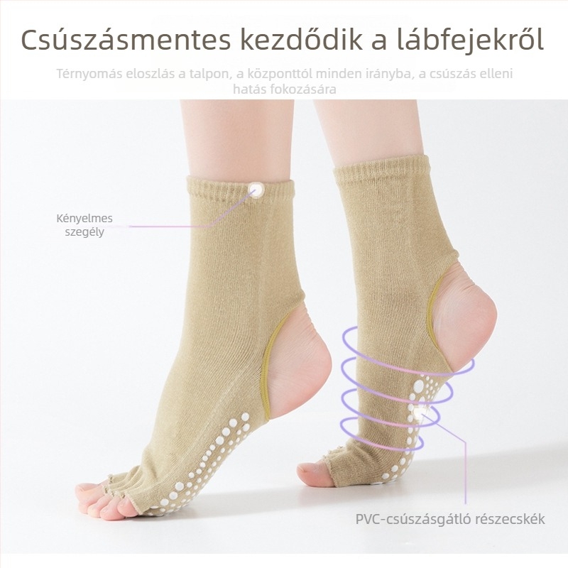 Vádli hosszú pamut zokni ötujjas dizájnnal, kivillantott sarka, csúszásmentes gélpontokkal, Taeekwondohoz, jóga és tánchoz.