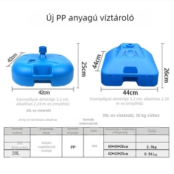 Ívelt alapú napernyő alap, műanyag vödörrel, négy sarkú összecsukható tartóval, kültéri használatra, klasszikus stílus; napernyő vászon: megerősített rost + polietilén, sűrűség 170t; bordák és kar ötvözet