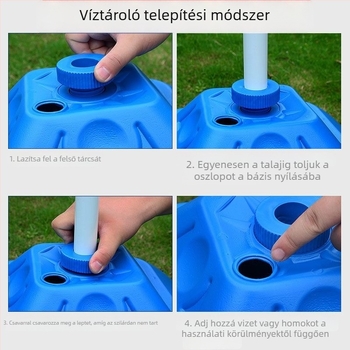 Ívelt alapú napernyő alap, műanyag vödörrel, négy sarkú összecsukható tartóval, kültéri használatra, klasszikus stílus; napernyő vászon: megerősített rost + polietilén, sűrűség 170t; bordák és kar ötvözet