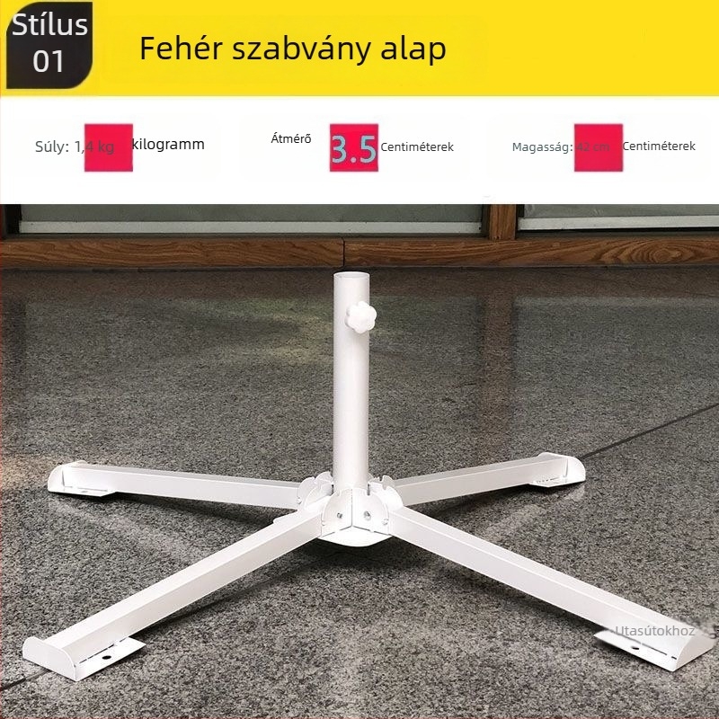 Ívelt alapú napernyő alap, műanyag vödörrel, négy sarkú összecsukható tartóval, kültéri használatra, klasszikus stílus; napernyő vászon: megerősített rost + polietilén, sűrűség 170t; bordák és kar ötvözet