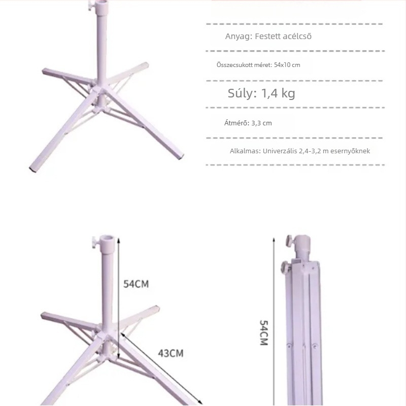 Ívelt alapú napernyő alap, műanyag vödörrel, négy sarkú összecsukható tartóval, kültéri használatra, klasszikus stílus; napernyő vászon: megerősített rost + polietilén, sűrűség 170t; bordák és kar ötvözet