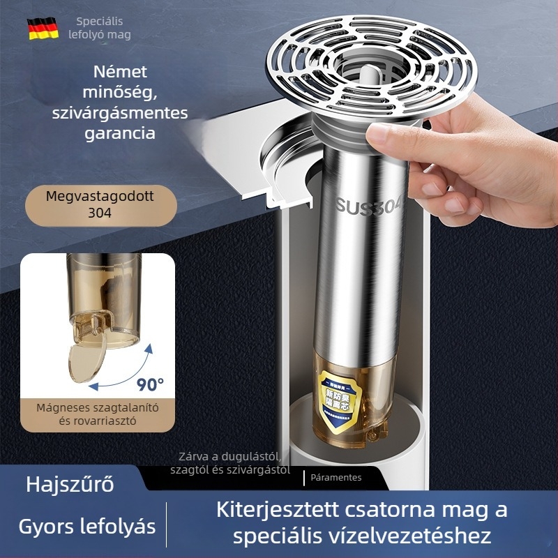 Rozsdamentes acél padlólefolyó meghosszabbító cső kiterjesztett belső maggal, szagtalanító szűrő, rovarok elleni védelem