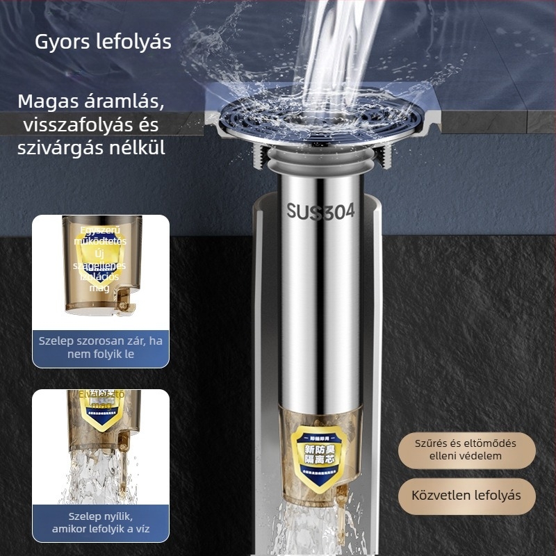 Rozsdamentes acél padlólefolyó meghosszabbító cső kiterjesztett belső maggal, szagtalanító szűrő, rovarok elleni védelem