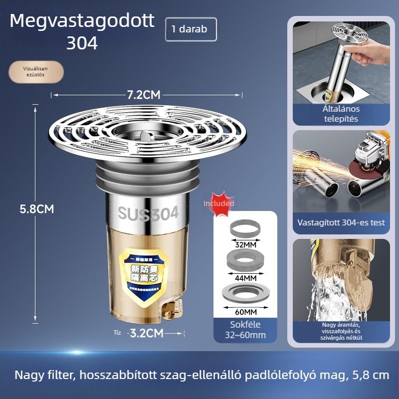 Rozsdamentes acél padlólefolyó meghosszabbító cső kiterjesztett belső maggal, szagtalanító szűrő, rovarok elleni védelem