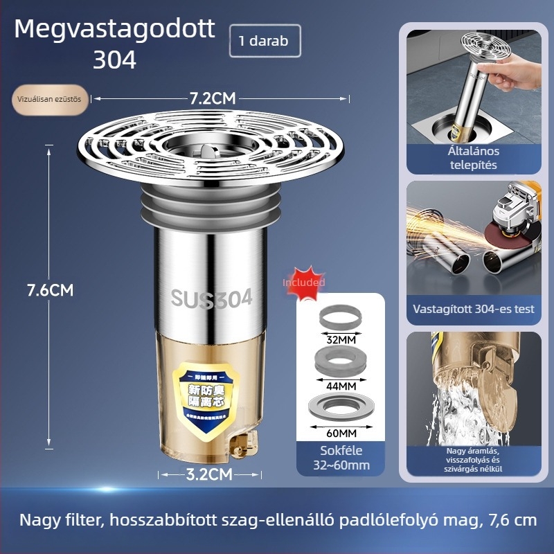 Rozsdamentes acél padlólefolyó meghosszabbító cső kiterjesztett belső maggal, szagtalanító szűrő, rovarok elleni védelem