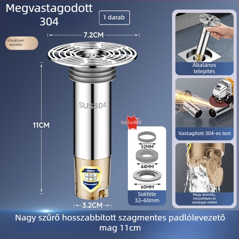 Rozsdamentes acél padlólefolyó meghosszabbító cső kiterjesztett belső maggal, szagtalanító szűrő, rovarok elleni védelem
