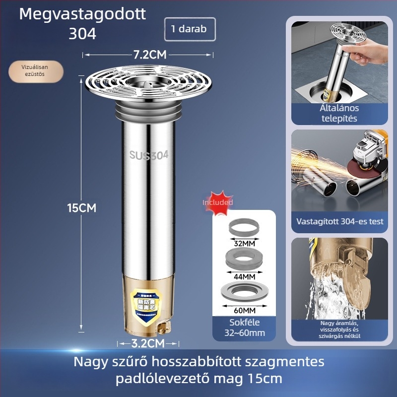 Rozsdamentes acél padlólefolyó meghosszabbító cső kiterjesztett belső maggal, szagtalanító szűrő, rovarok elleni védelem