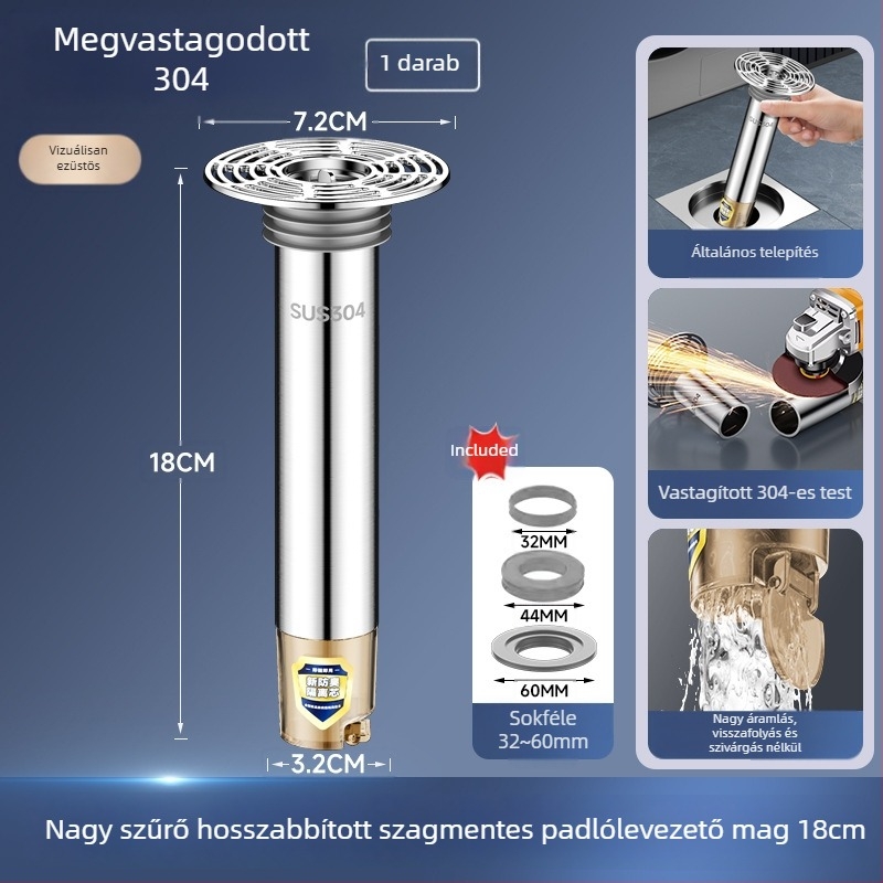 Rozsdamentes acél padlólefolyó meghosszabbító cső kiterjesztett belső maggal, szagtalanító szűrő, rovarok elleni védelem