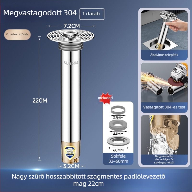 Rozsdamentes acél padlólefolyó meghosszabbító cső kiterjesztett belső maggal, szagtalanító szűrő, rovarok elleni védelem
