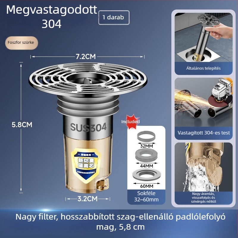 Rozsdamentes acél padlólefolyó meghosszabbító cső kiterjesztett belső maggal, szagtalanító szűrő, rovarok elleni védelem