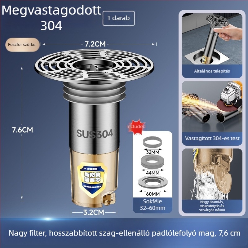 Rozsdamentes acél padlólefolyó meghosszabbító cső kiterjesztett belső maggal, szagtalanító szűrő, rovarok elleni védelem