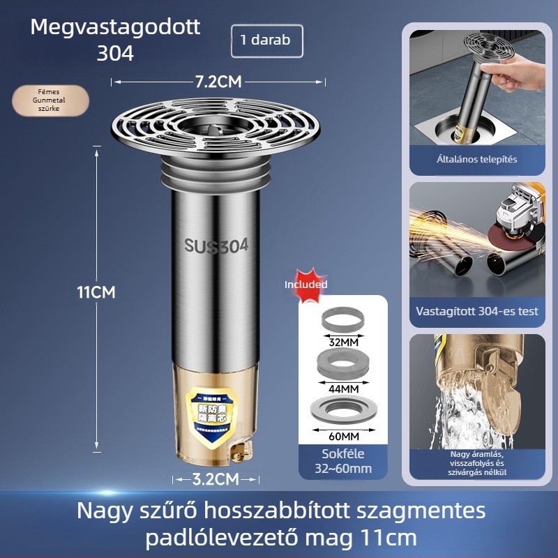Rozsdamentes acél padlólefolyó meghosszabbító cső kiterjesztett belső maggal, szagtalanító szűrő, rovarok elleni védelem