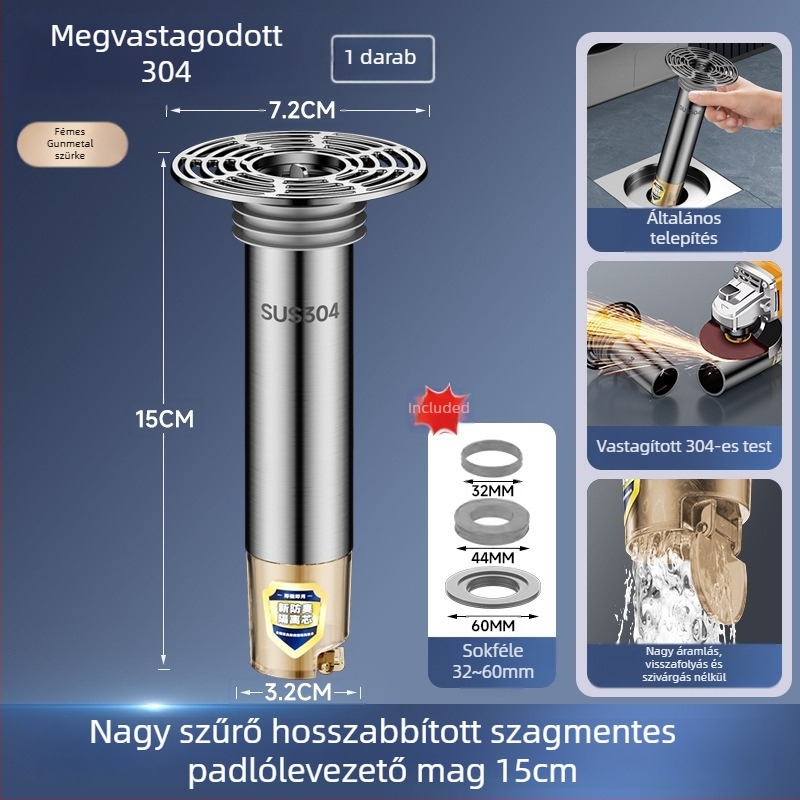 Rozsdamentes acél padlólefolyó meghosszabbító cső kiterjesztett belső maggal, szagtalanító szűrő, rovarok elleni védelem