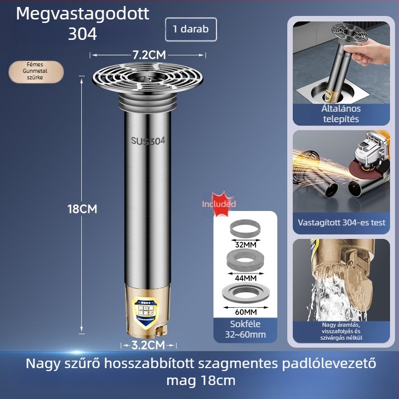 Rozsdamentes acél padlólefolyó meghosszabbító cső kiterjesztett belső maggal, szagtalanító szűrő, rovarok elleni védelem