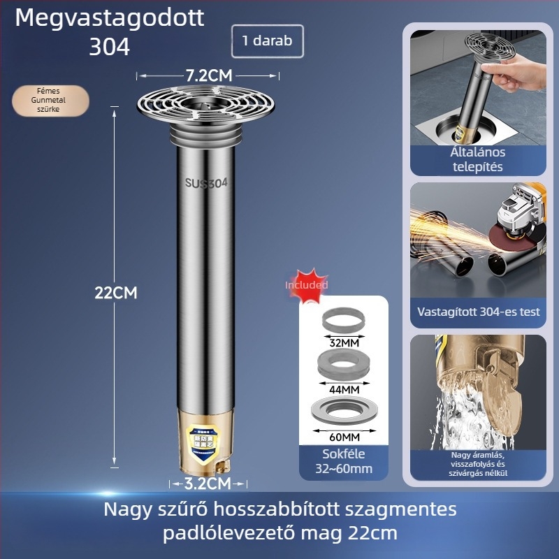 Rozsdamentes acél padlólefolyó meghosszabbító cső kiterjesztett belső maggal, szagtalanító szűrő, rovarok elleni védelem