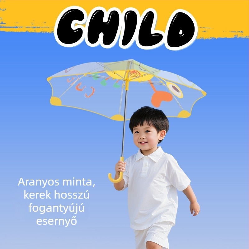 Gyerekeknek készült átlátszó esernyő rajzfilm-stílusban, 6 ívből álló rostos vázzal, műanyag fogantyúval, automatikus záródással, logó testreszabással