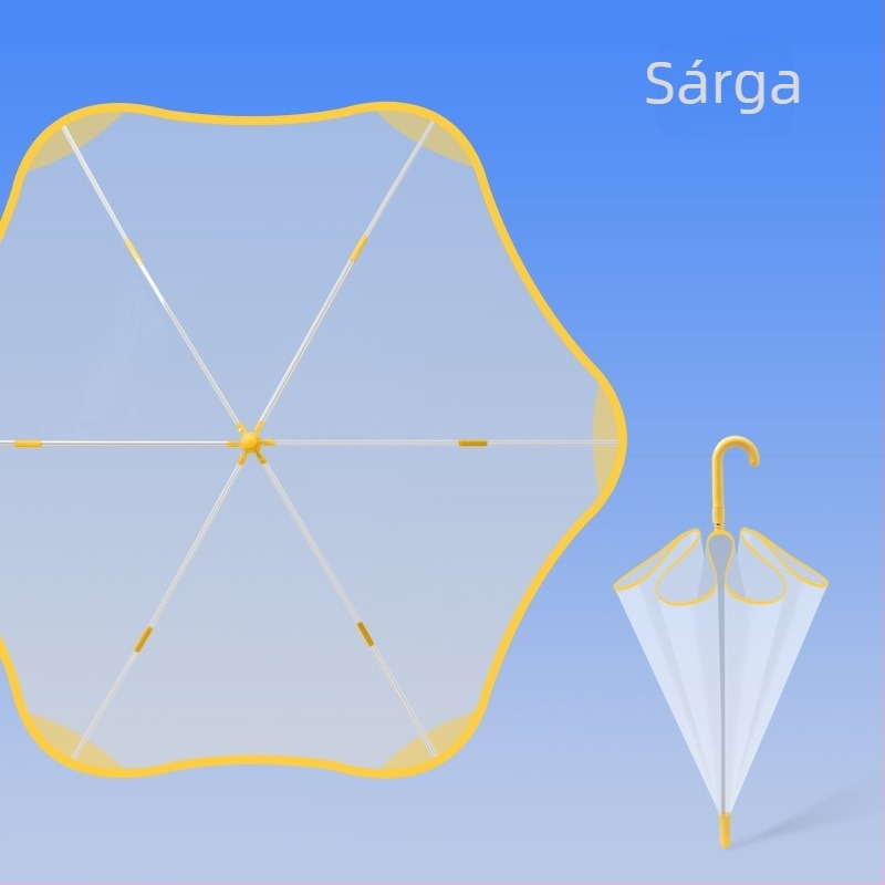 Gyerekeknek készült átlátszó esernyő rajzfilm-stílusban, 6 ívből álló rostos vázzal, műanyag fogantyúval, automatikus záródással, logó testreszabással