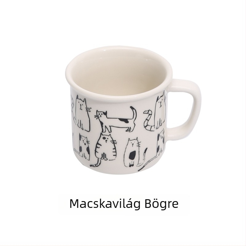 Emáliázott kávés bögre, hengeres forma, fogantyúval, logóval ellátott, modern minimalista stílusban, mikrohullámú sütőben használható