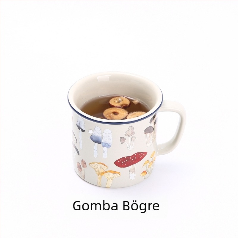 Emáliázott kávés bögre, hengeres forma, fogantyúval, logóval ellátott, modern minimalista stílusban, mikrohullámú sütőben használható