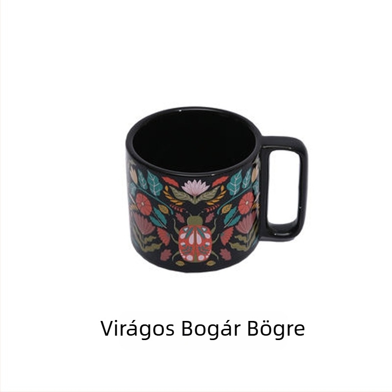 Emáliázott kávés bögre, hengeres forma, fogantyúval, logóval ellátott, modern minimalista stílusban, mikrohullámú sütőben használható