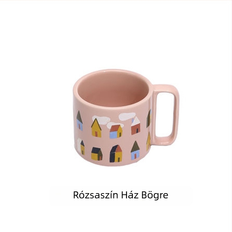 Emáliázott kávés bögre, hengeres forma, fogantyúval, logóval ellátott, modern minimalista stílusban, mikrohullámú sütőben használható