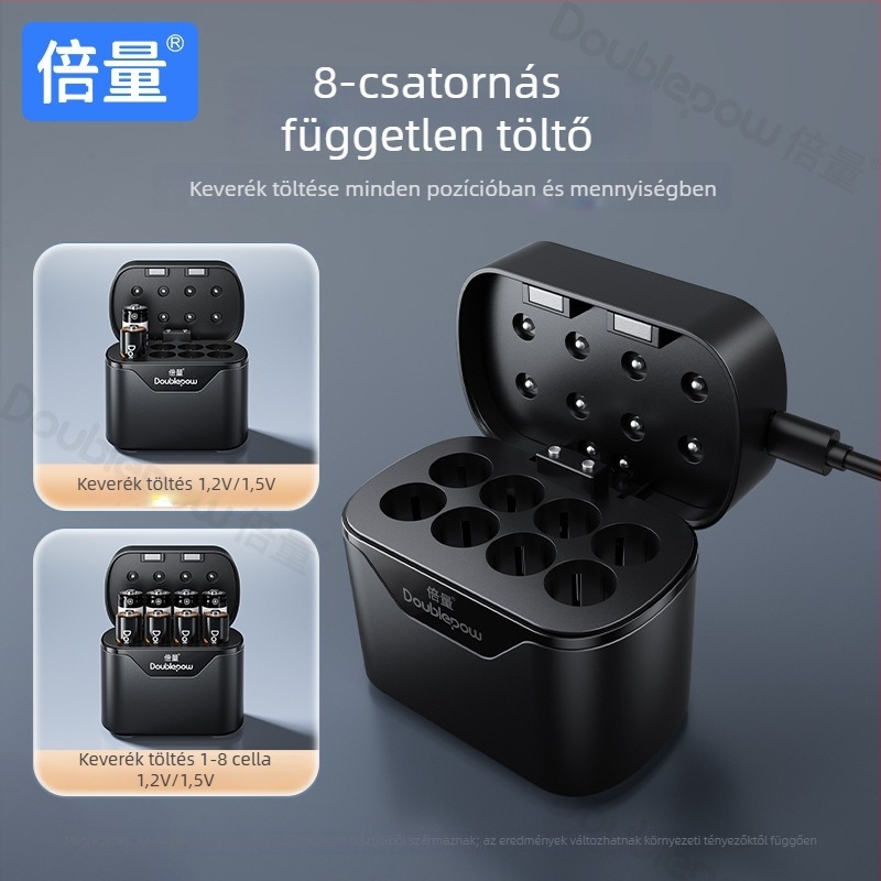 8-állásos multifunkcionális töltő AA NiMH/Li-ion akkukhoz, DC5V bemenet, DC1.5V 0.25A kimenet