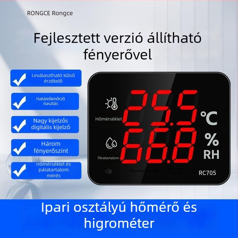 Ipari szintű termosz-higrométer, falra szerelhető, műhelyekhez és laboratóriumokhoz, üvegházakhoz, nagy pontosság