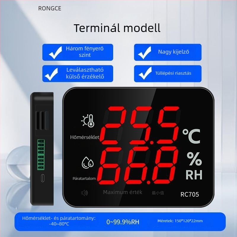Ipari szintű termosz-higrométer, falra szerelhető, műhelyekhez és laboratóriumokhoz, üvegházakhoz, nagy pontosság