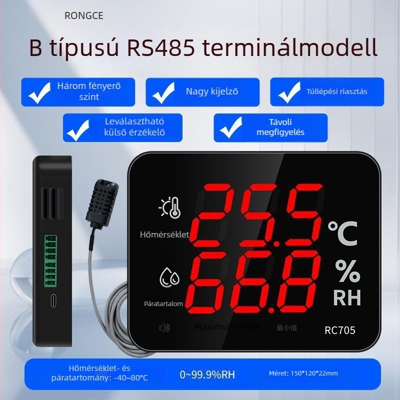 Ipari szintű termosz-higrométer, falra szerelhető, műhelyekhez és laboratóriumokhoz, üvegházakhoz, nagy pontosság