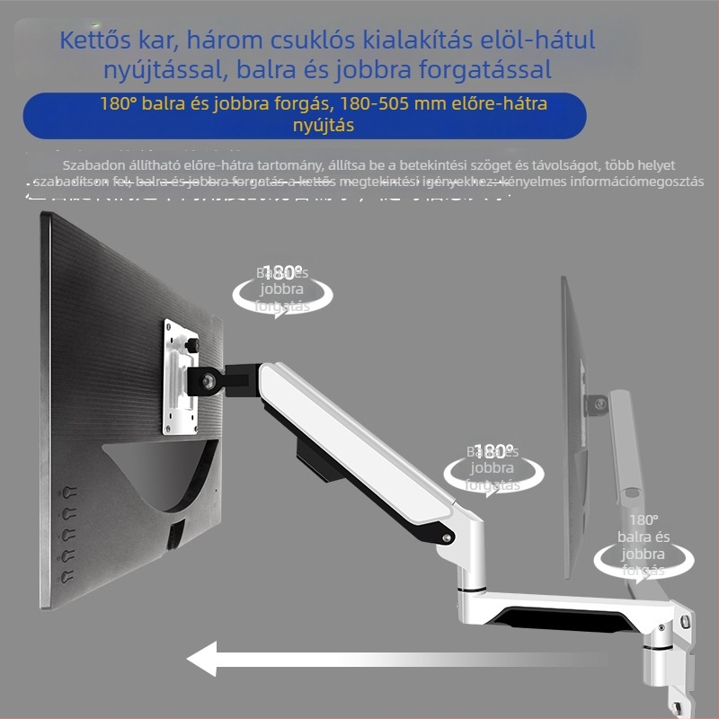 Ipari színvonalú univerzális falra szerelhető monitorkar teleszkópos hosszabbítással, forgatható és dönthető kar, állítható függőleges monitor-tartó