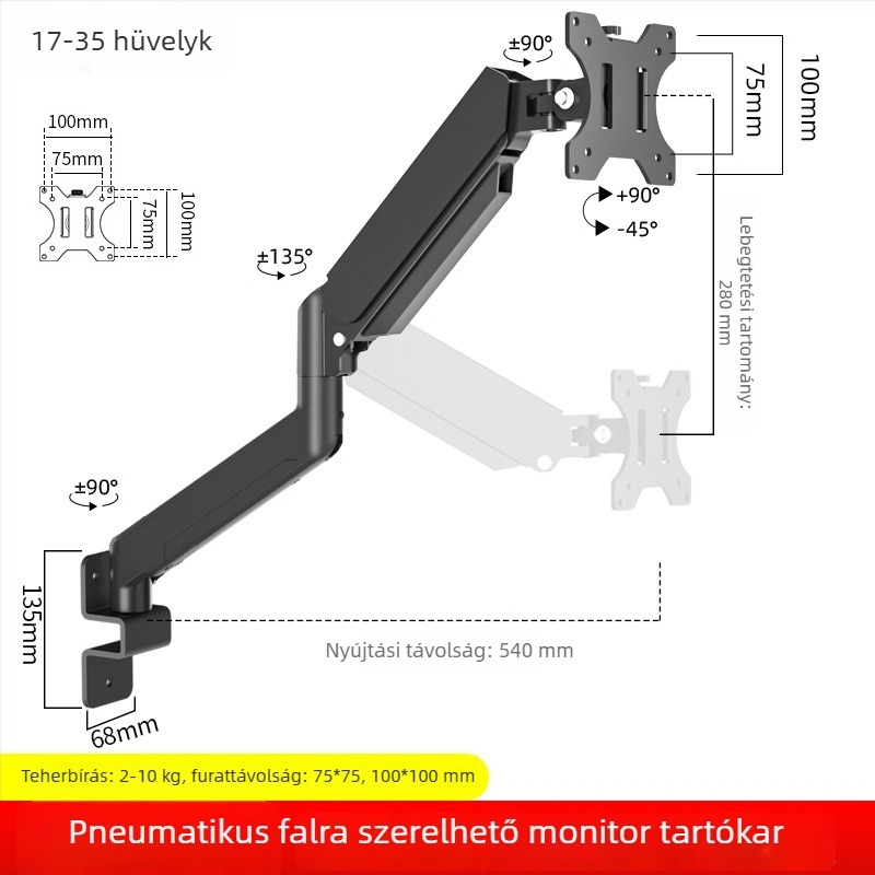 Ipari színvonalú univerzális falra szerelhető monitorkar teleszkópos hosszabbítással, forgatható és dönthető kar, állítható függőleges monitor-tartó