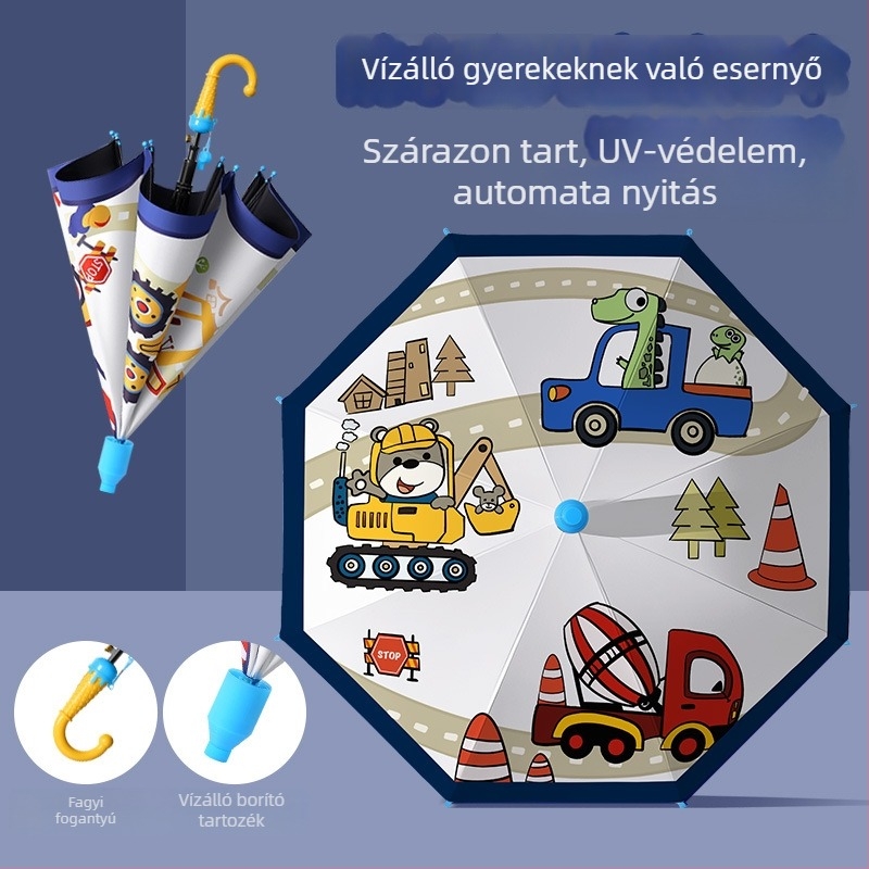 Gyerekeknek készült automata nyitású esernyő, 8 vas bordák, 190T vinil anyag, rajzfilm mintás, UV védelem UPF 40+