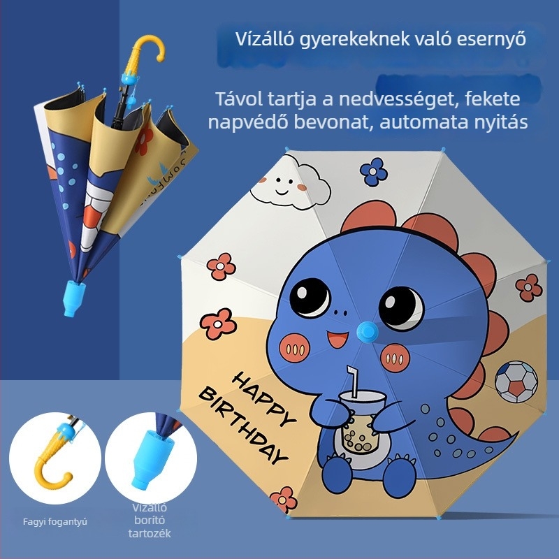 Gyerekeknek készült automata nyitású esernyő, 8 vas bordák, 190T vinil anyag, rajzfilm mintás, UV védelem UPF 40+