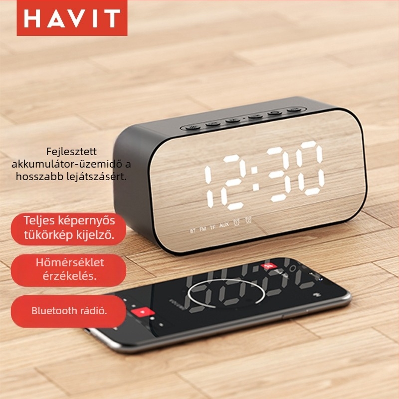 Havit M3 asztali ébresztő- és hangszóró tükrös felülettel (Bluetooth 5.0, 3W, beépített 1200mAh akkumulátor, frekvencia-válasz 100Hz–20kHz, hatótáv 10m)