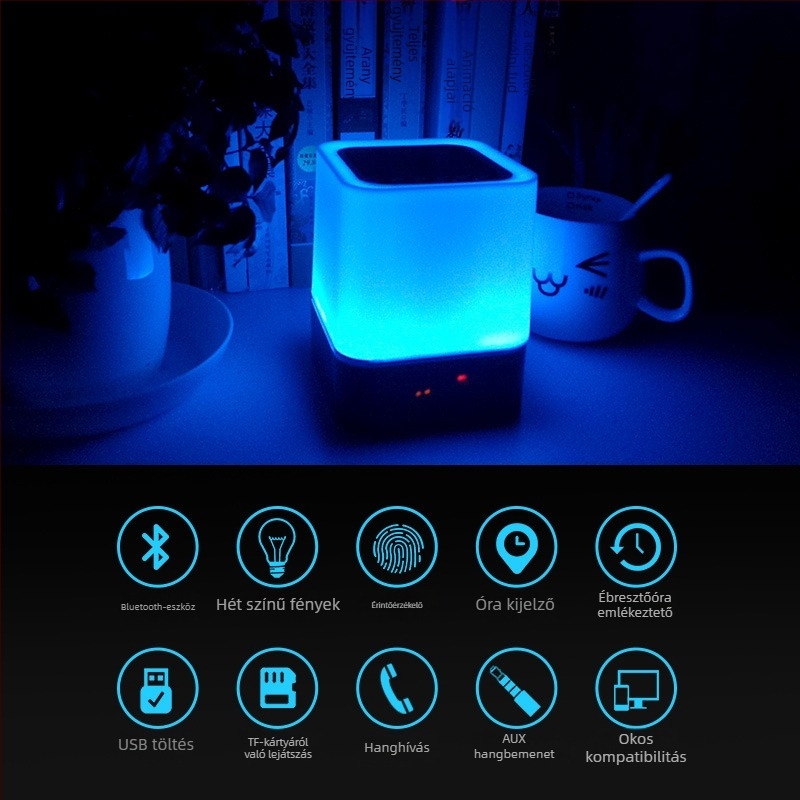 Bluetooth ébresztőóra hangszóróval és LED világítással (Bluetooth 5.0 • 5W • 1000–1200mAh • 100 Hz–20 kHz • 10 m hatótáv)