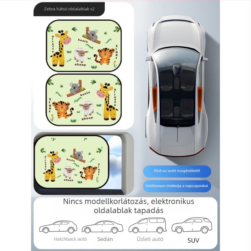 Mairich PVC autóablak napvédő roló, statikus matricával rögzítés, rajzfilm-stílus, autóablakokhoz