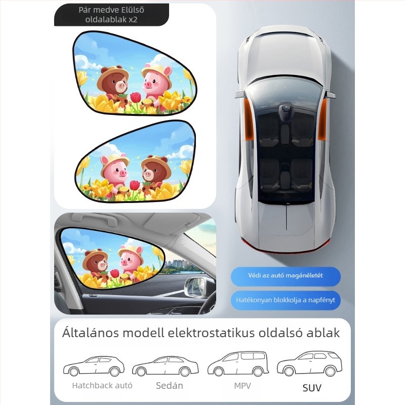 Mairich PVC autóablak napvédő roló, statikus matricával rögzítés, rajzfilm-stílus, autóablakokhoz