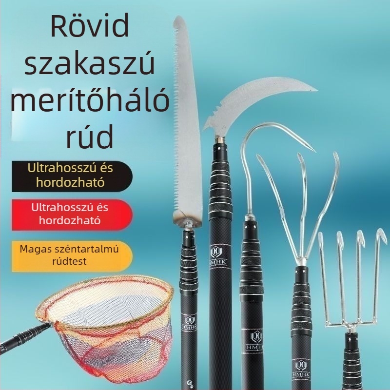 Rövid teleszkópos halászhálóbot, vastag karbon, ultra-kemény, hordozható, megerősített csatlakozás