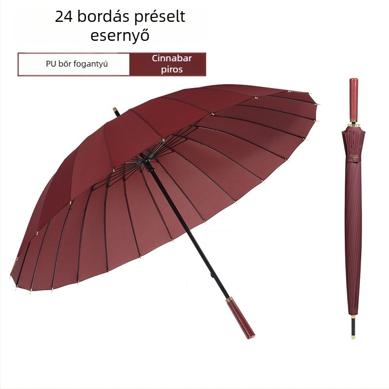 24 bordás esernyő hosszú nyéllel, félautomata nyitás, vastagított és megnövelt méret, szélálló, nap- és eső használatra, logónyomtatás, reklámesernyő